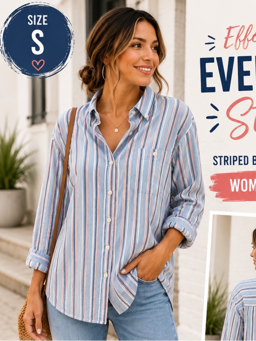 DIVIDED Classic Striped Button-Down Shirt - Light Blue SMALL